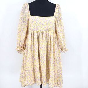 Storia Puff Sleeve Babydoll Mini Dress Size Large White Pink Yellow Floral